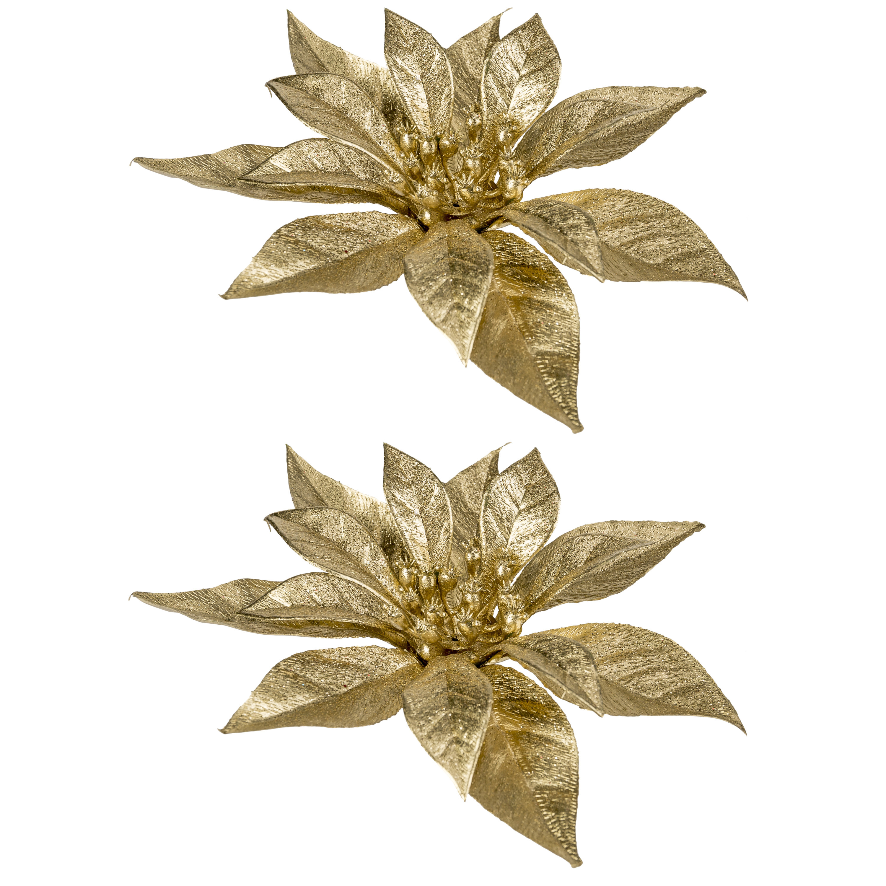 Dronken worden composiet alias 6x stuks decoratie bloemen kerstster goud glitter op clip 18 cm bij kerst -artikelen.nl.
