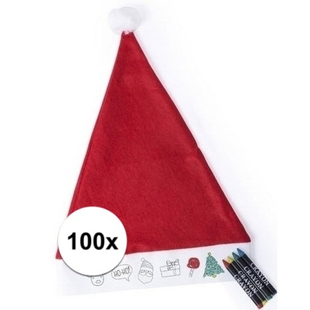 100x Christmas hat for kids coloring including 4 wax crayons