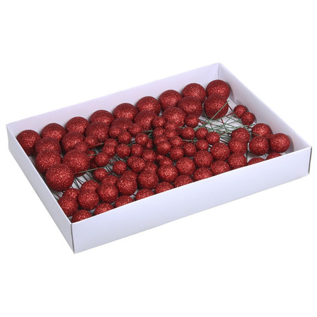 100x Red glitter mini baubles on wires 2/3/4 cm plastic
