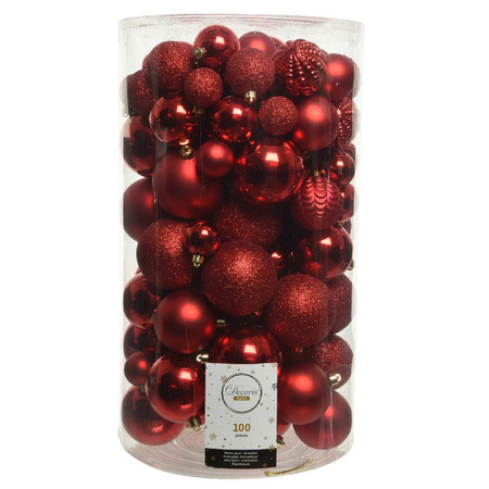 100x Red Christmas baubles 4-5-6-7-8 cm plastic mix