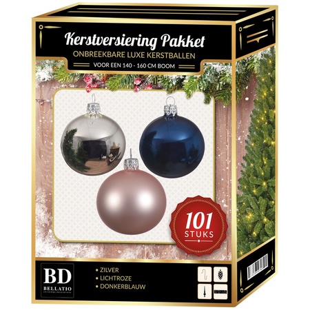 101 stuks Kerstballen mix zilver-roze-blauw voor 150 cm boom