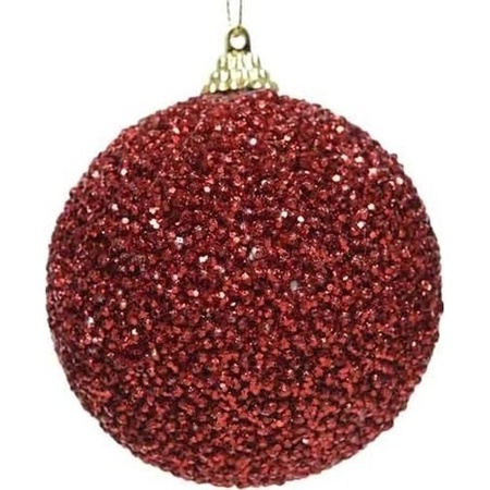 10x Christmas red glitter beads baubles 8 cm plastic