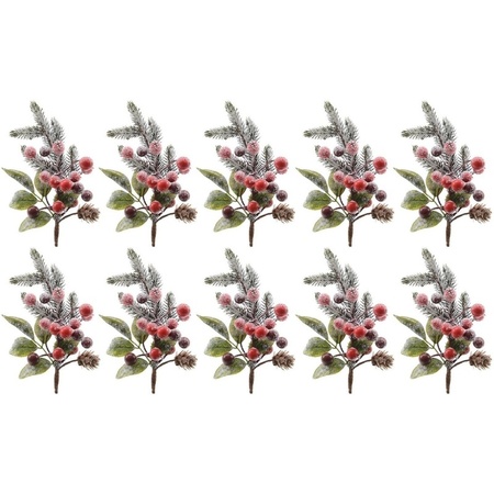 10x Christmas decorationsticks with berries/snow green/red 20 cm