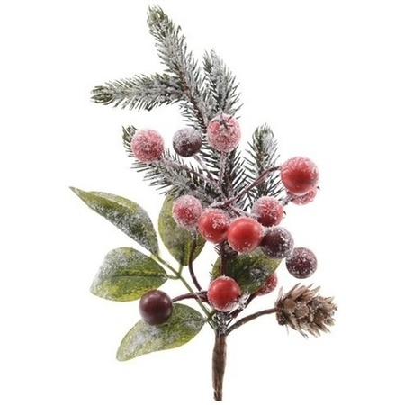 10x Christmas decorationsticks with berries/snow green/red 20 cm
