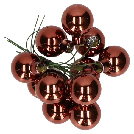 10x Mahogany brown glass mini baubles on wires 2,5 cm shiny