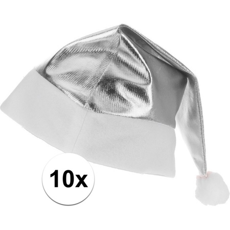 10x Zilveren glimmende Kerstman kerstmutsen voor volwassenen