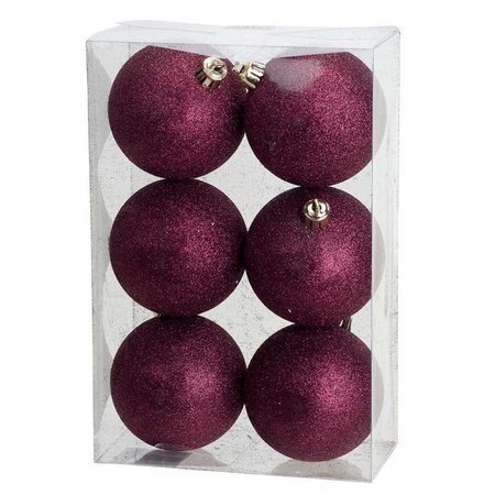 12x Aubergine roze glitter kerstballen 8 cm kunststof