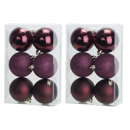 12x Aubergine roze kerstballen 8 cm kunststof mat/glans/glitter