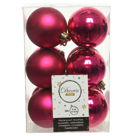 12x Berry pink Christmas baubles 6 cm plastic matte/shiny