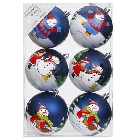 12x Blauwe kerstballen 8 cm kunststof met print