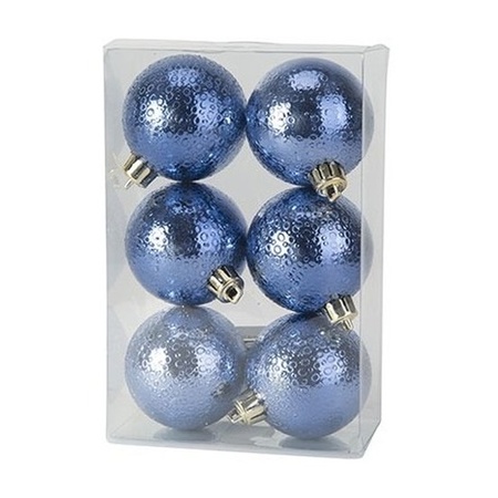 12x Donkerblauwe cirkel motief kerstballen 6 cm kunststof