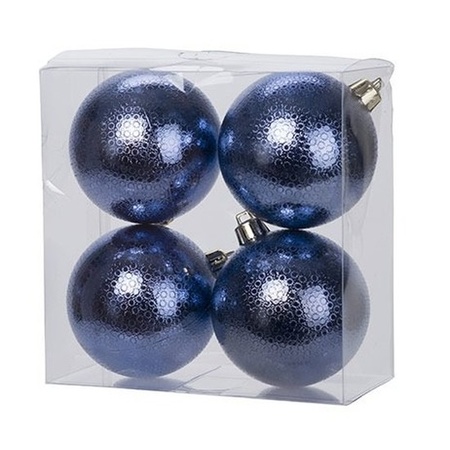 12x Donkerblauwe cirkel motief kerstballen 8 cm kunststof