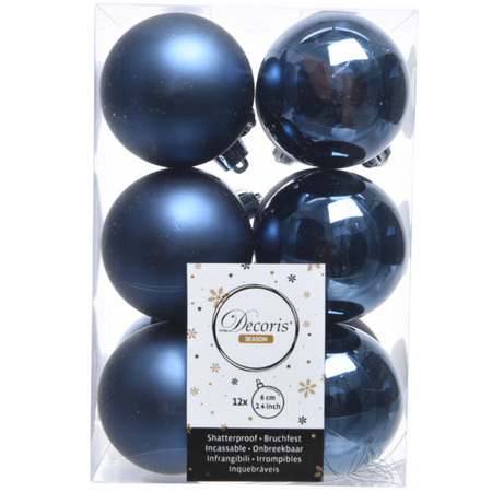 12x Dark blue Christmas baubles 6 cm plastic matte/shiny