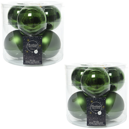 12x Dark green glass Christmas baubles 8 cm shiny/matt