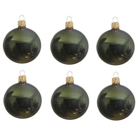 12x Dark green glass Christmas baubles 8 cm shiny