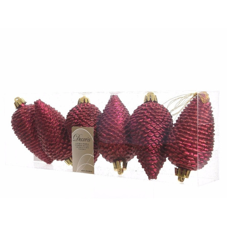 12x Dark red pinecones Christmas baubles 8 cm plastic glitter