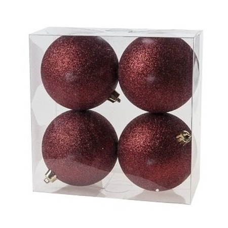 12x Donkerrode glitter kerstballen 10 cm kunststof