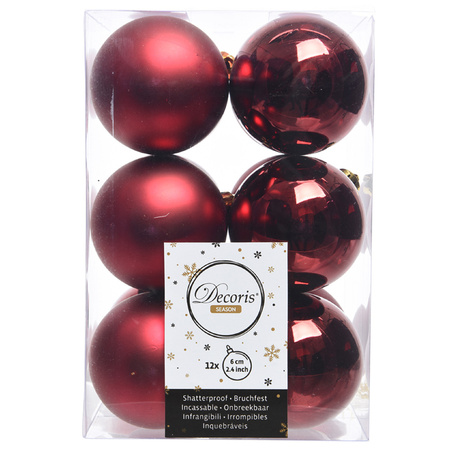 12x Donkerrode kerstballen 6 cm kunststof mat/glans
