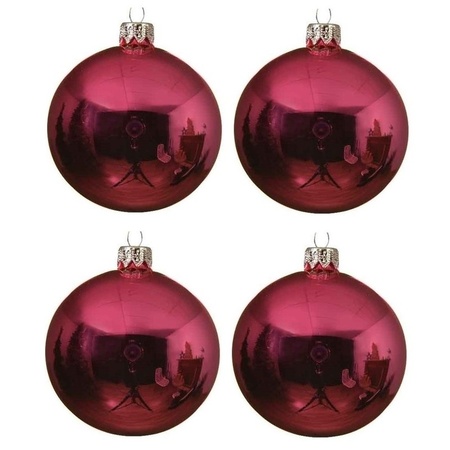 12x Fuchsia pink glass Christmas baubles 10 cm shiny