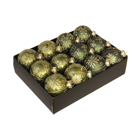 12x Glazen gedecoreerde donkergroen met gouden kerstballen 7,5 cm
