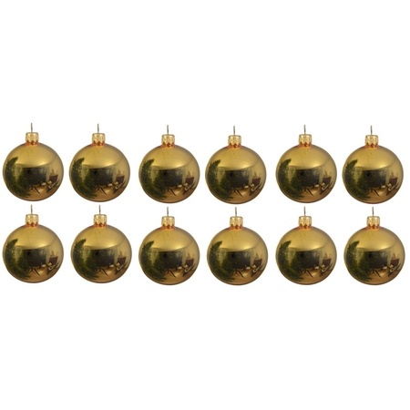 12x Gold glass Christmas baubles 10 cm shiny