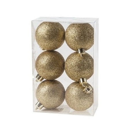 12x Gouden glitter kerstballen 6 cm kunststof