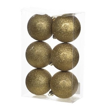 12x Gold glitter Christmas baubles 8 cm plastic
