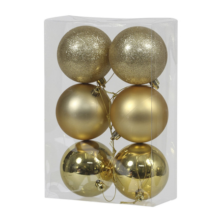 12x Gold Christmas baubles shiny/matt/glitter 8 cm plastic 