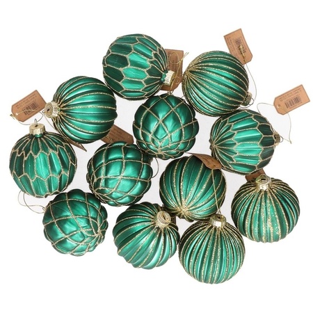 12x Green glass Christmas balls with silver decoration 8 cm