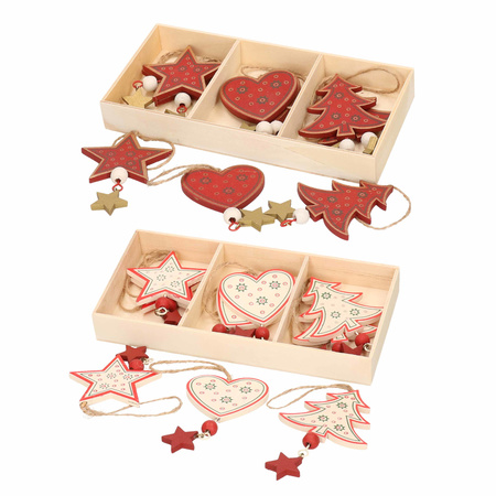 12x Wooden christmas tree decoration figures white and red 10 cm