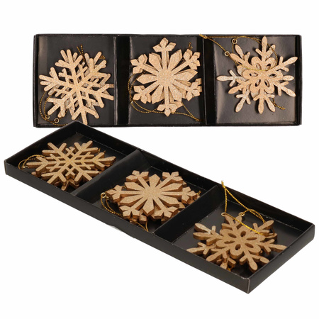 12x Wooden snowflakes christmas tree decoration gold 7 cm