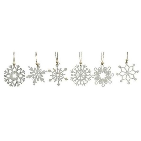 12x Houten sneeuwvlok kersthangers wit 6 cm