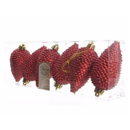 12x Christmas red pinecones Christmas baubles 8 cm plastic glitte