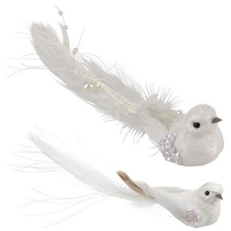 12x Kerstboomdecoratie vogeltje op clip wit