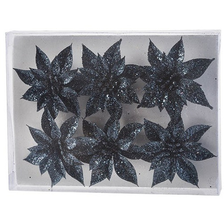 12x Kerstboomversiering donkerblauwe glitter bloemen op clip 8 cm