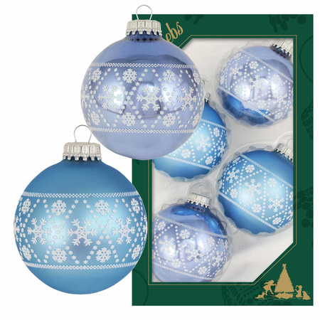 12x Luxury blue glass christmas baubles with white snowflakes 7 cm