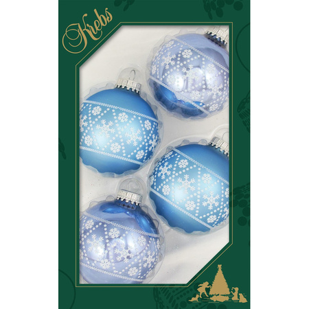 12x Luxury blue glass christmas baubles with white snowflakes 7 cm