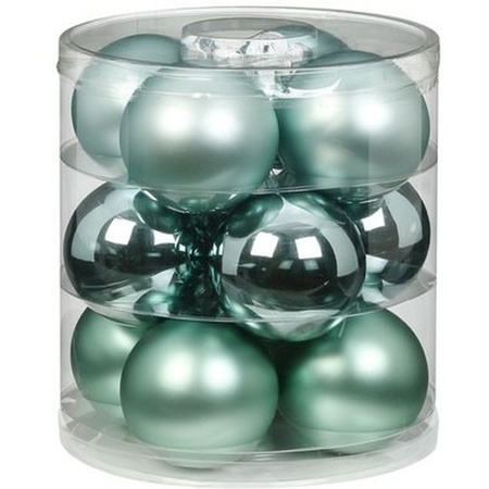 12x Mint green glass Christmas baubles 8 cm shiny and matte