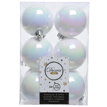 12x Pearl white Christmas baubles 6 cm plastic shiny