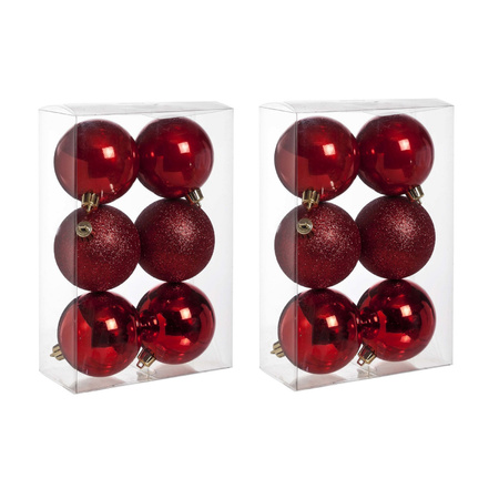 12x Red Christmas baubles 8 cm plastic matte/shiny/glitter