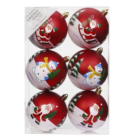 12x Red Christmas baubles 8 cm plastic with print
