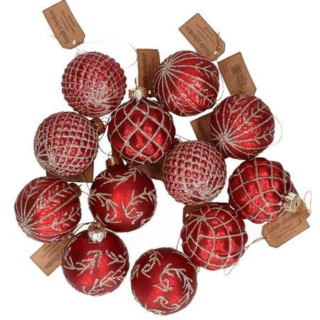 12x Red glass Christmas balls with golden decoration 6 cm