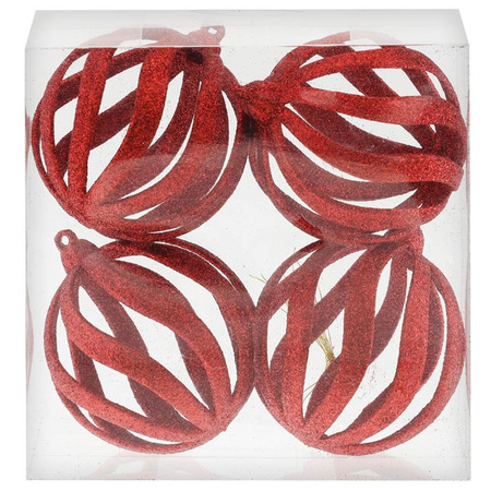 12x Rode open draad kerstballen met glitters kunststof 8 cm