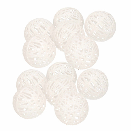 12x Rattan christmas baubles white with glitter 5 cm tree decoration
