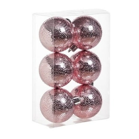 12x Roze cirkel motief kerstballen 6 cm kunststof