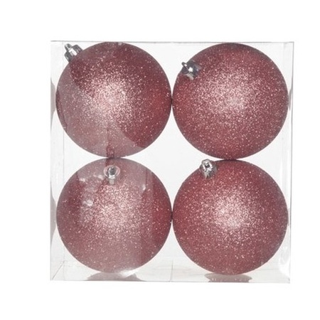 12x Roze glitter kerstballen 10 cm kunststof