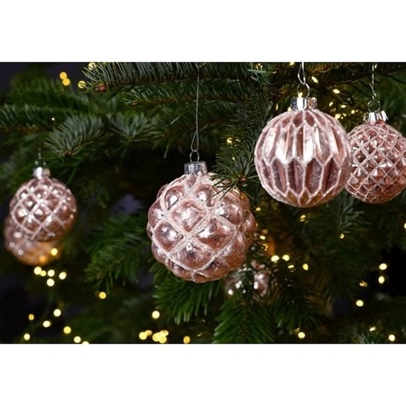 12x Pink glass Christmas balls with golden decoration 8 cm