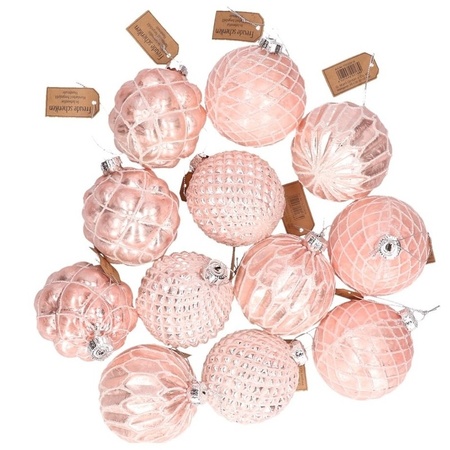 12x Pink glass Christmas balls with golden decoration 8 cm
