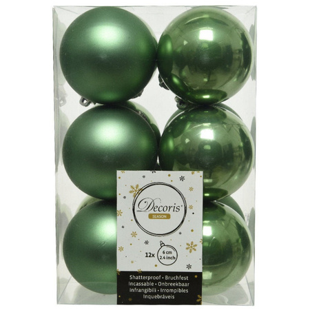 12x Sage green Christmas baubles 6 cm plastic matte/shiny
