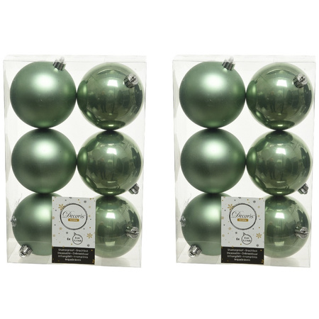 12x Salie groene kerstballen 8 cm kunststof mat/glans